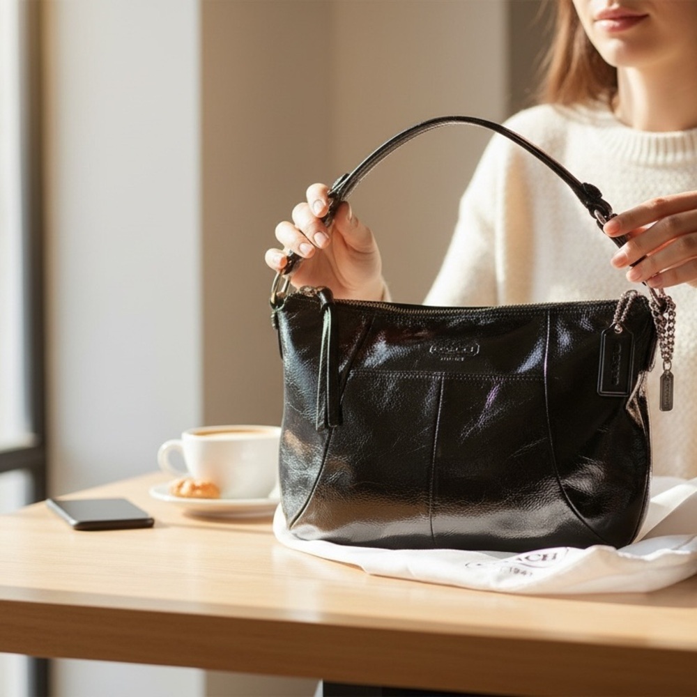 Coach Soho Black Patent Leather Bag with Purple Interior & White Coach Dustbag
